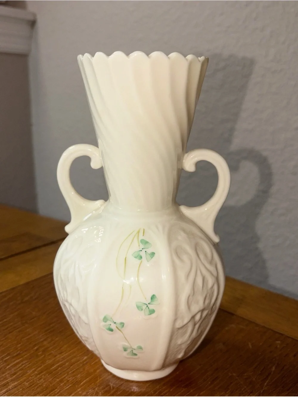 Vintage BELLEEK Shamrock Clover Scalloped Edge 2 Handles Vase 8”
